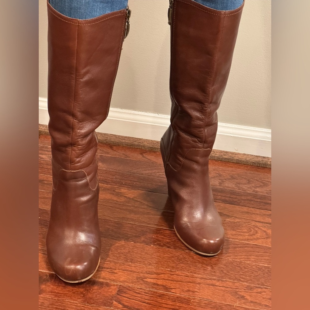 Brown Leather Knee-High Block Heel Boots Size 9
